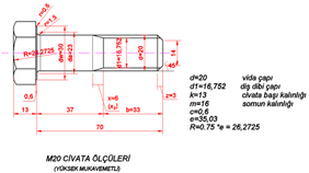 M20 Civata ve Somun Çizimi,M20 Civata Ölçüleri (Yüksek Mukavemetli)